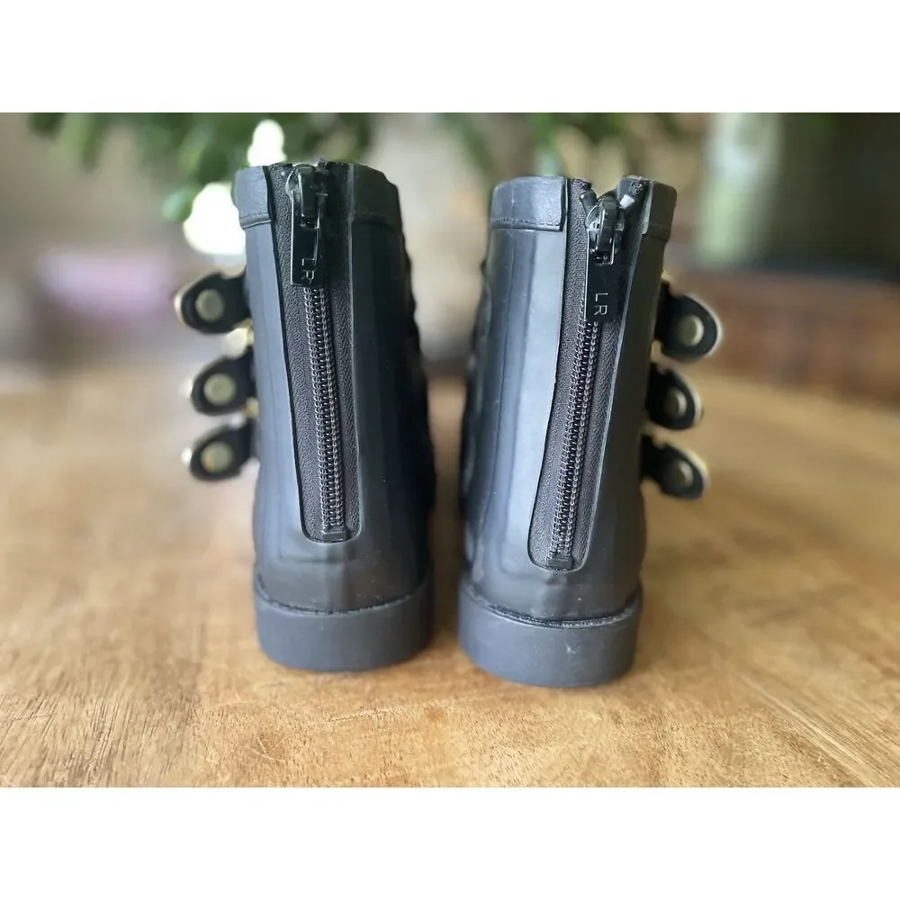 Loeffler Randall Black Rubber Rain Boots Gold Buckle Ankle Size 5